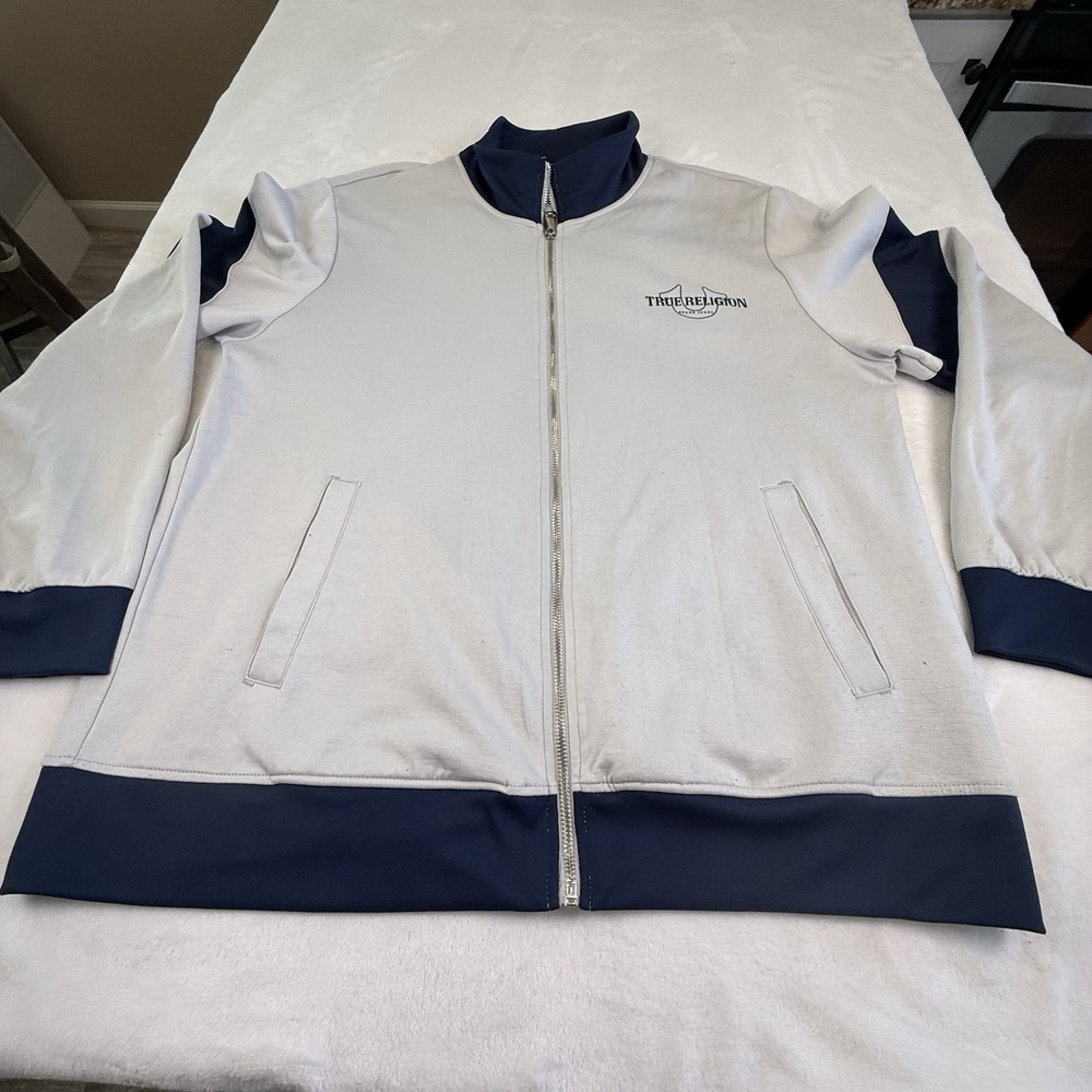 True Religion Mens XL Track Jacket White Navy Full Zip Horseshoe Logo Y2K